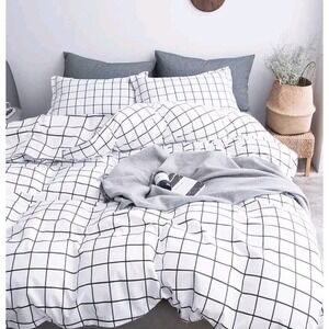 Queen Duvet Cover Set Grid, 90x90 Duvet Cover With 2 Pillow Cases, Microfiber